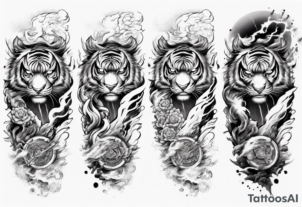 Tiger Warrior sleeve tattoo with lightning and the sun
Forearm sleeve tattoo idea