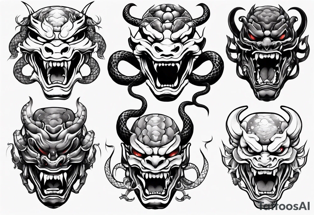 snake biting oni mask tattoo idea