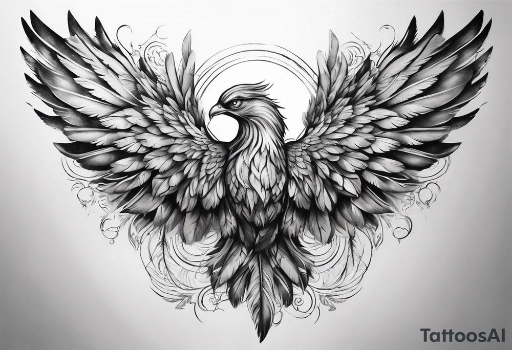 wings extending from a mens shoulders, covering the upper arms and upper back. The feathers are intricately detailed, with soft shading in black and gray to create depth and texture. The wings gently converge in the middle of the back, forming a harmonious and cohesive design. tattoo idea