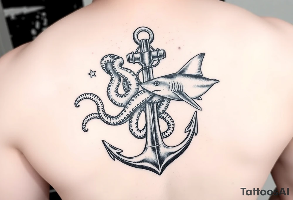 anchor with a pair of lung ingraved on it with an octopus who is holding the anchor and pulling doward on my forearm then on my upper arm and shoulder a hammerhead shark who is tied to the anchor and  pulling up on it tattoo idea
