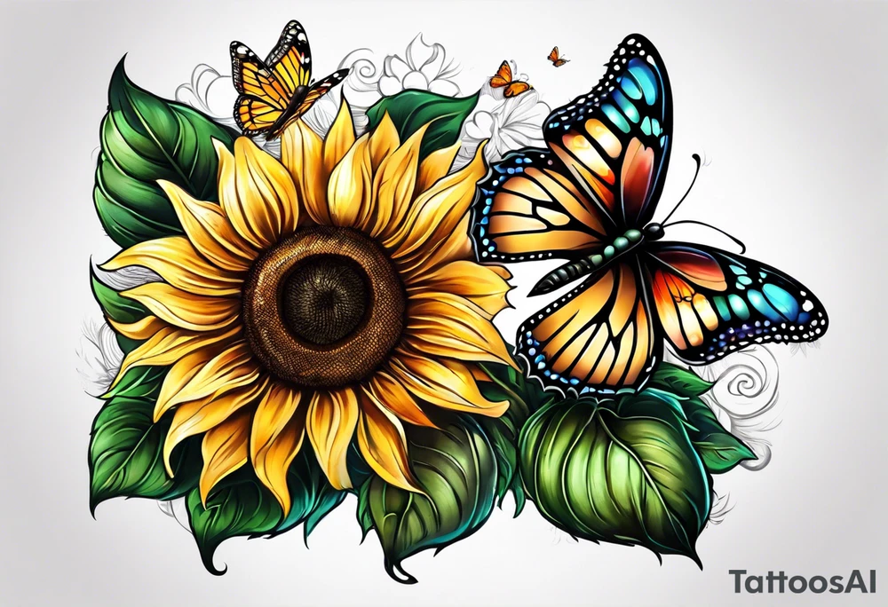 Sunflower and butterfly leg sleeve tattoo idea