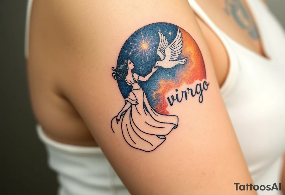 A young woman in a white flowing dress, releasing a glowing dove into the night sky and the word virgo tattoo idea