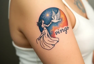 A young woman in a white flowing dress, releasing a glowing dove into the night sky and the word virgo tattoo idea