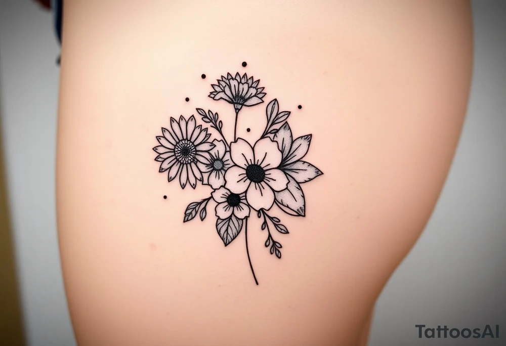 Honeysuckle, marigold, chrysanthemum, and violet bouquet tattoo idea