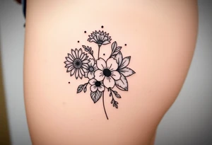 Honeysuckle, marigold, chrysanthemum, and violet bouquet tattoo idea