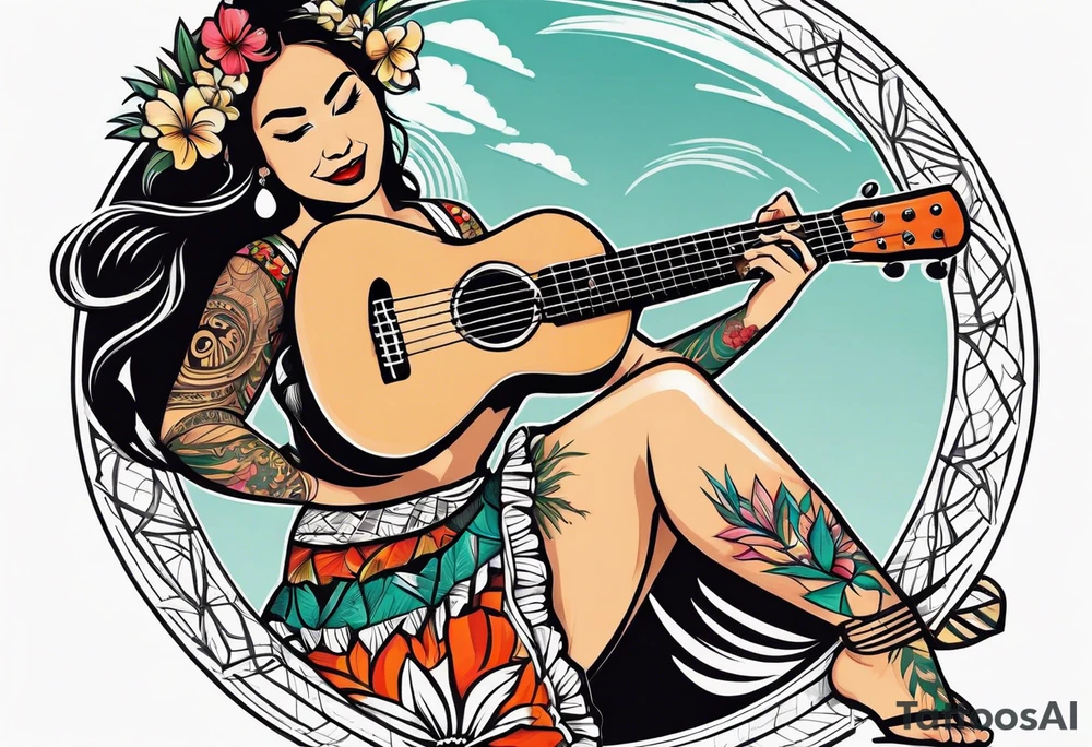 entire hula plynesian girl squating and dance with ukulele tattoo idea