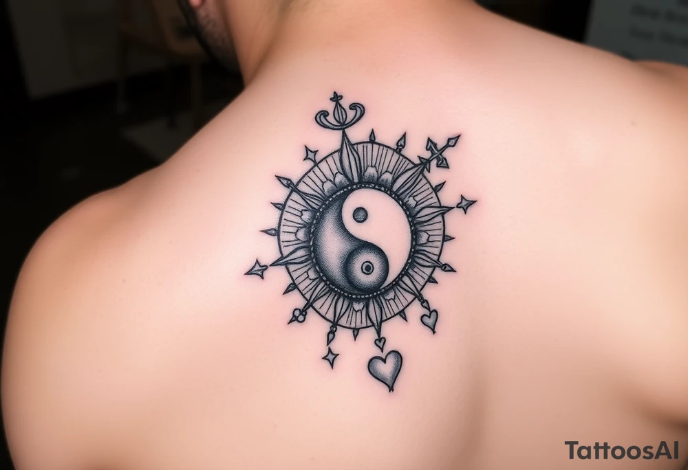 Gemini, sagittarius, yin and yang, sun and moon, with stars, and hearts tattoo idea