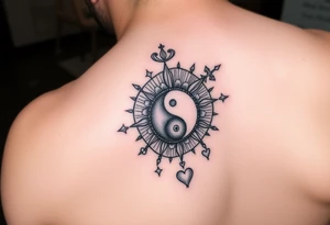 Gemini, sagittarius, yin and yang, sun and moon, with stars, and hearts tattoo idea
