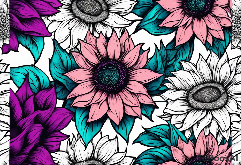 Teal, pink and purple sunflower sleeve tattoo idea
