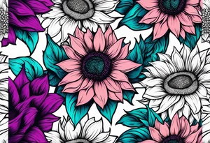 Teal, pink and purple sunflower sleeve tattoo idea