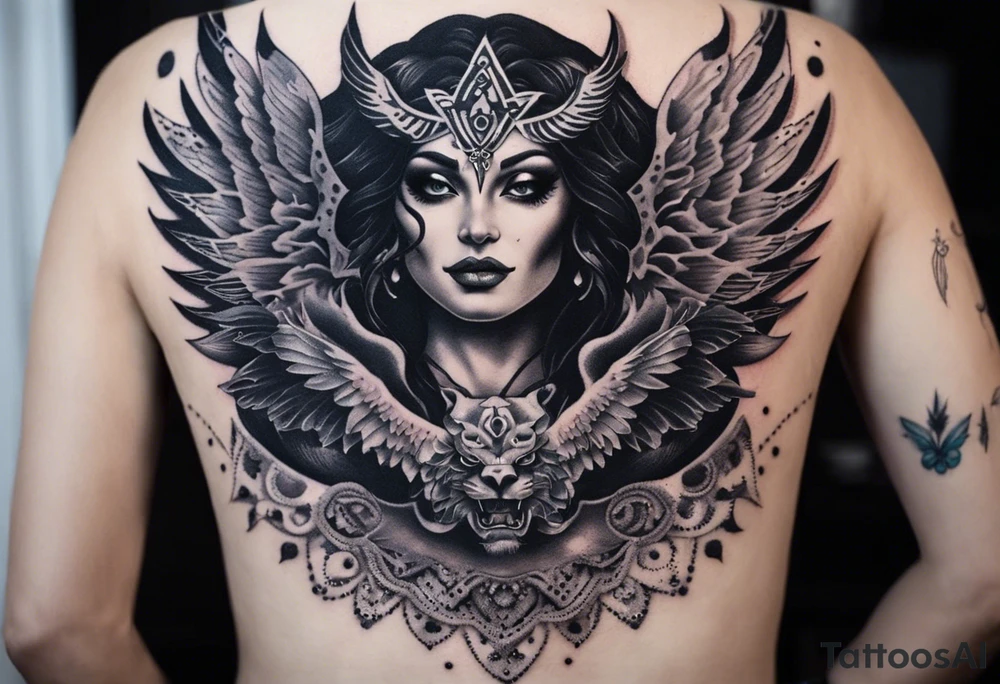 black kali, goddess pirate, alien, angel, pachamama, valkrye, warrior, flying, skull, lotus azul, wing, eagle, zenza resonance, stars, 5D, anahata chakra, death, durga, riding on a tiger, flying lady, chest tatoo tattoo idea