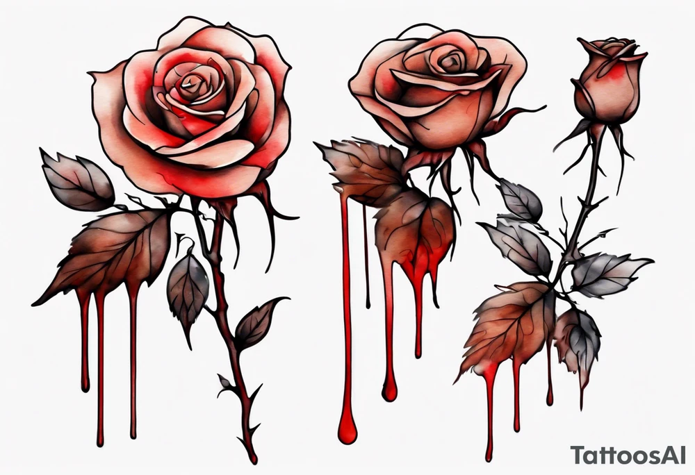 rose flower, one line, red blood dripping from the flower, tall, watercolor on brown skin tattoo idea