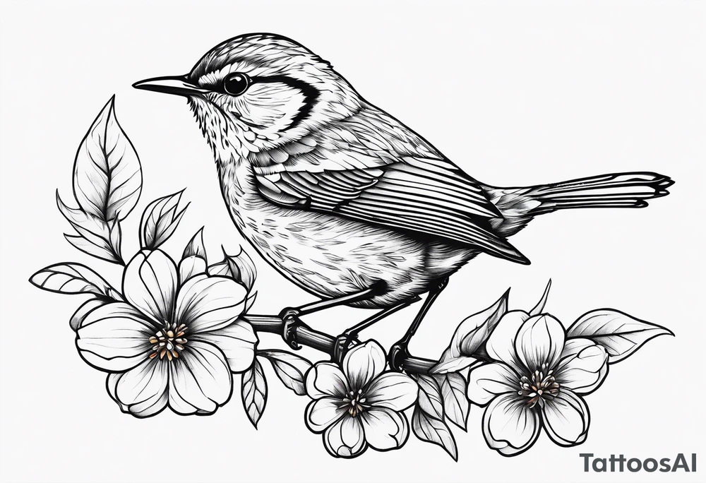 Create a delicate tattoo of a wren nestled among blossoms, highlighting its small size and charming features tattoo idea