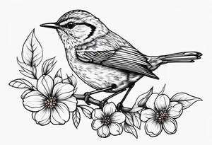 Create a delicate tattoo of a wren nestled among blossoms, highlighting its small size and charming features tattoo idea