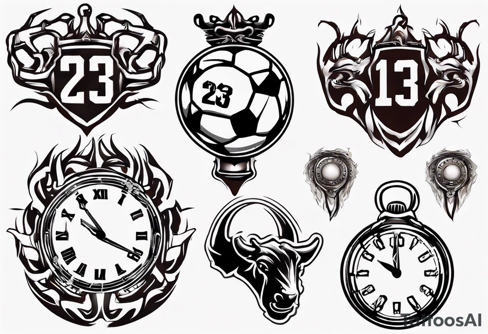 Ballon de football avec le numéro23 ,  une horloge avec une couronne,  le tout avec au fond un taureau tattoo idea