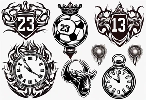 Ballon de football avec le numéro23 ,  une horloge avec une couronne,  le tout avec au fond un taureau tattoo idea