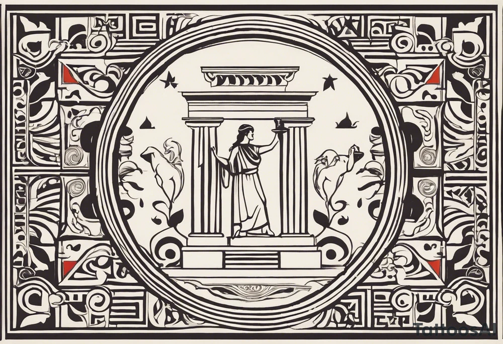 "Craft a minimalist tattoo design in the style of ancient Greek art, featuring Dionysus with his affection for theater. Depict Dionysus in a simplified yet elegant form, reminiscent of classical Greek sculpture, holding a theatrical mask and a goblet of wine. Surround him with subtle geometric patterns or motifs inspired by ancient Greek pottery, such as meanders or key patterns. Ensure the design maintains a minimalist aesthetic while incorporating elements that evoke the sophistication and timelessness of Greek art, capturing Dionysus's connection to both wine and theater in a visually striking manner." tattoo idea