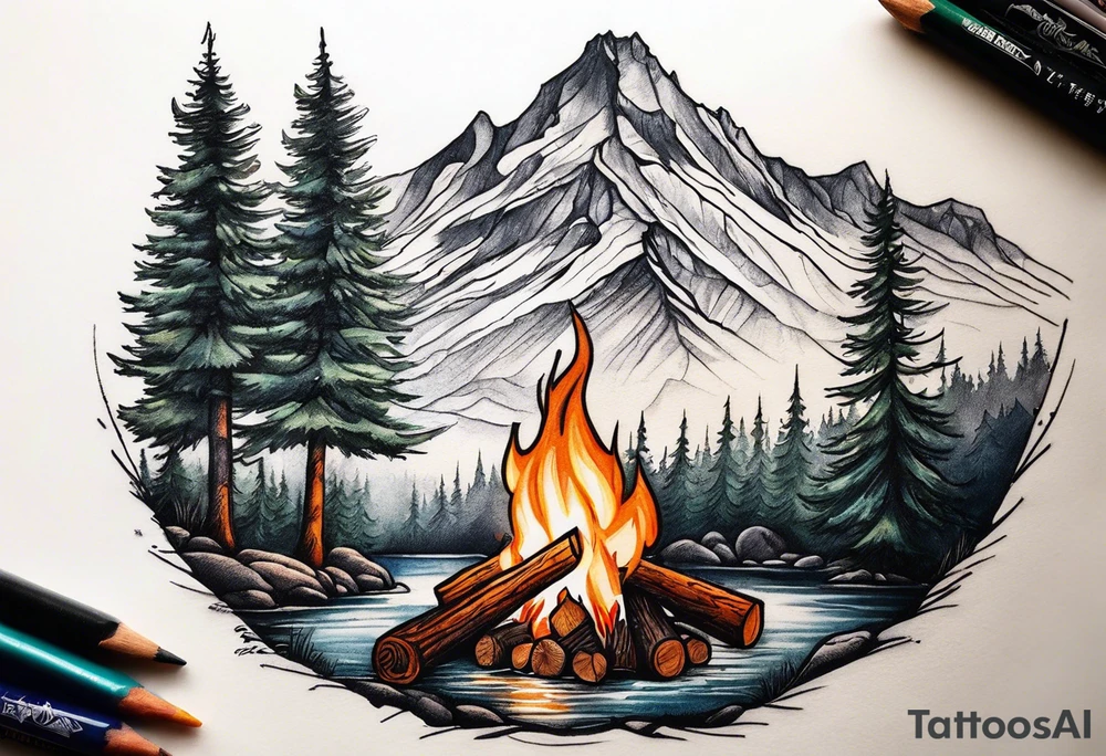 Small campfire in the center, right side: an evergreen tall tree, left side: mountain stream tattoo idea