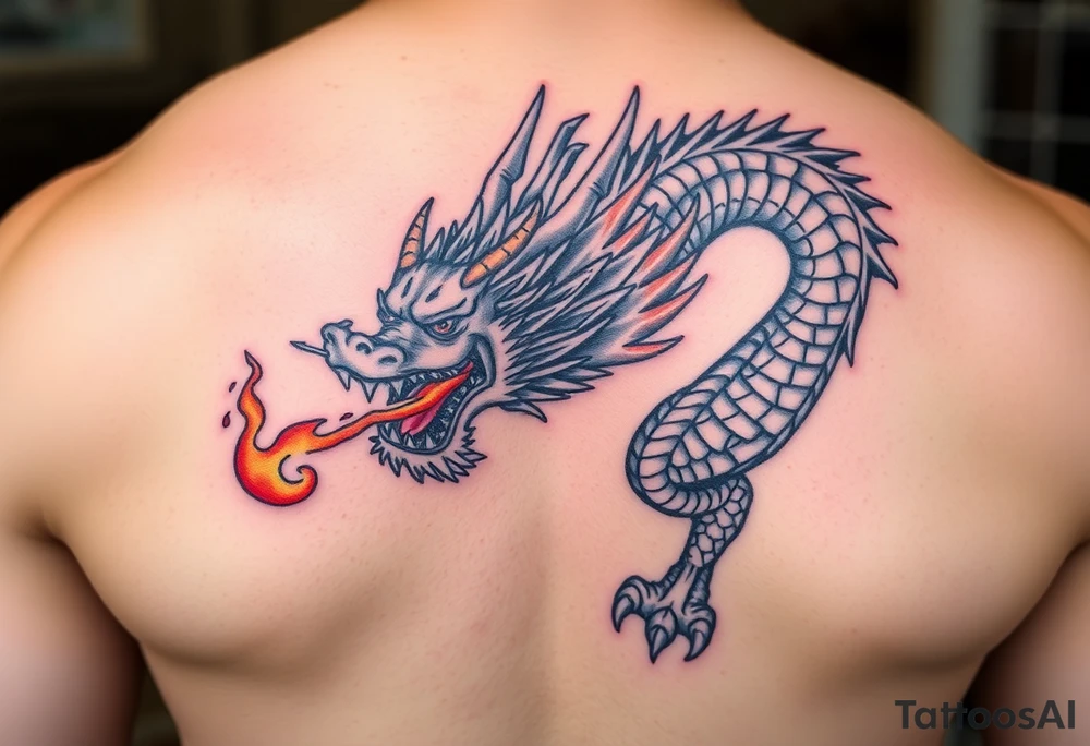 Fierce Japanese dragon breathing fire and ready for battle. tattoo idea