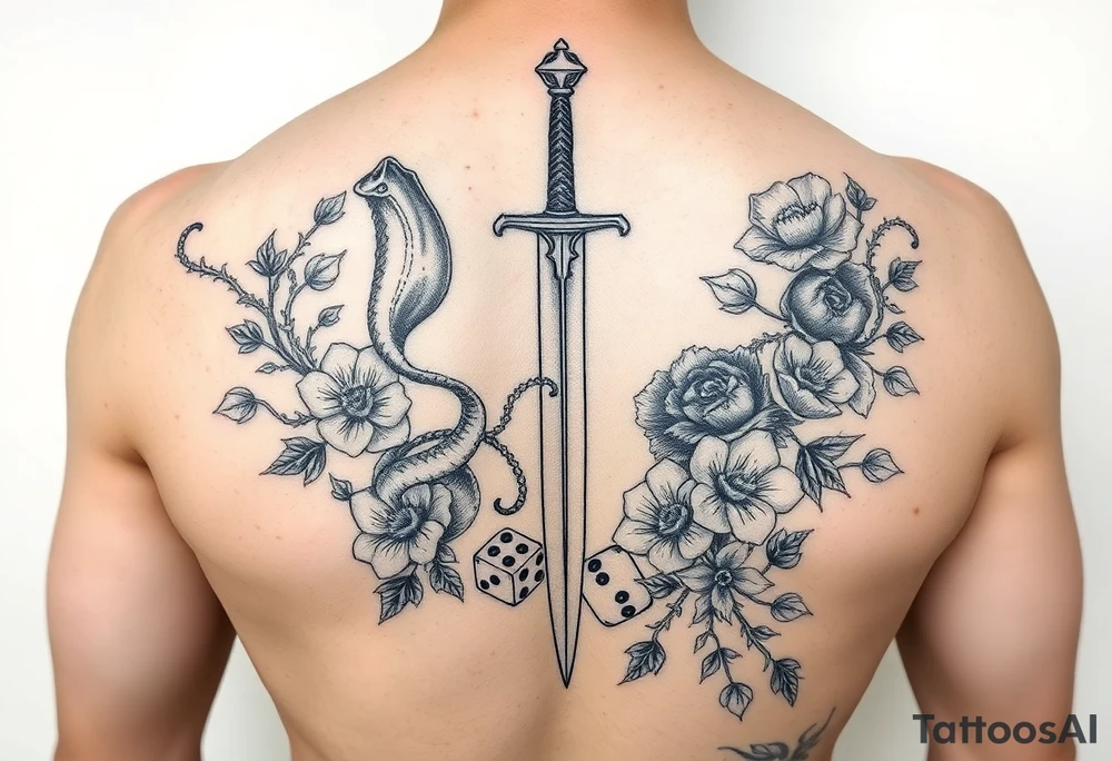 knightand sword and squid intertwined with climbing roses and thorny vines with cherry blossoms rolling dice tattoo idea