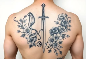 knightand sword and squid intertwined with climbing roses and thorny vines with cherry blossoms rolling dice tattoo idea