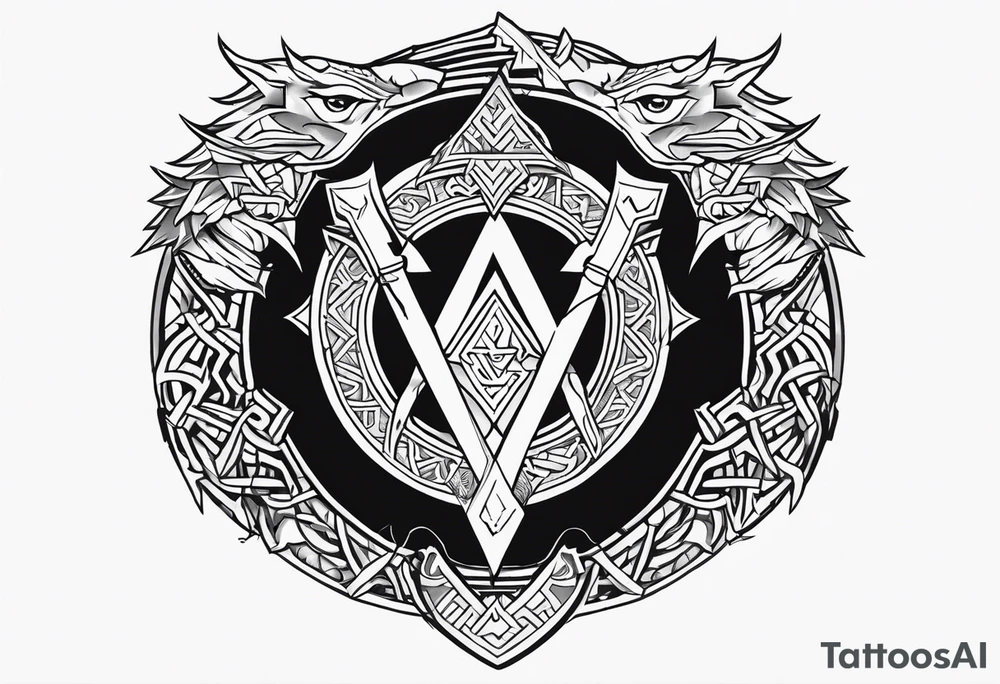 Valhalla sword shield dragon axe Valknut tattoo idea