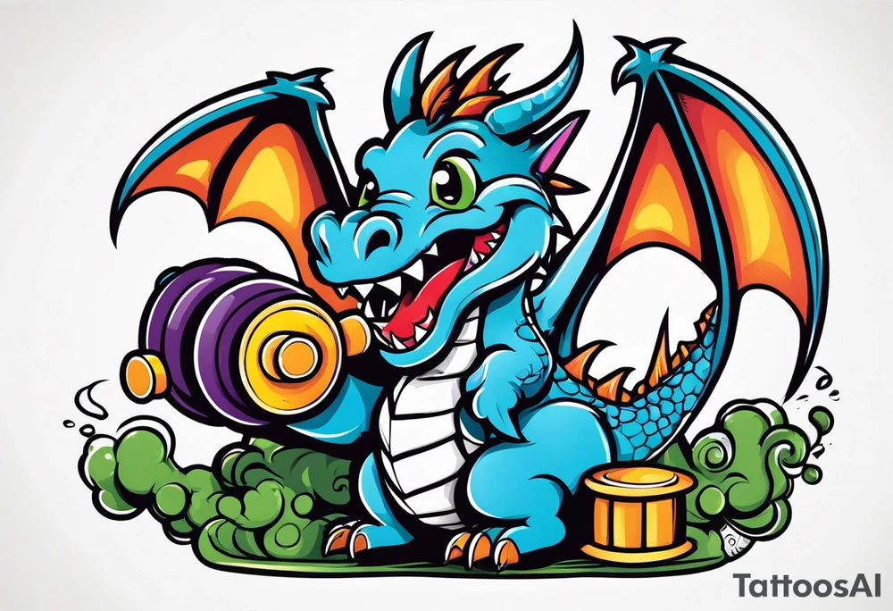 Dragon biting a dumbbell tattoo idea