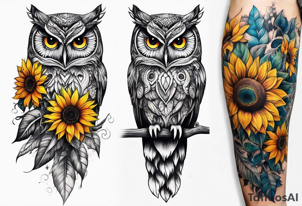Leg sleeve with colorful sunflowers and an owl tattoo idea