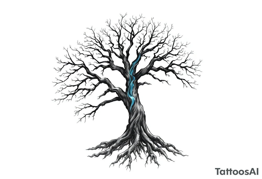 Black and white Tree with roots. Blue water inside the whole tree like many thin veins, flows from the brunches to the roots tattoo idea