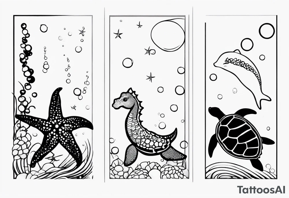 Small Starfish, Seahorse and turtle in a vertical line with bubbles tattoo idea