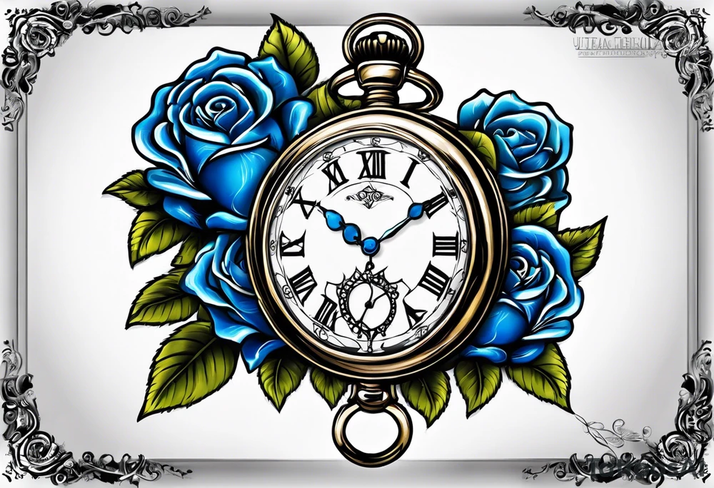 Pocket watch with blue roses tattoo idea