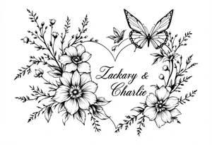 flowers, heart and butterfly with name Zackary and Charlie tattoo idea