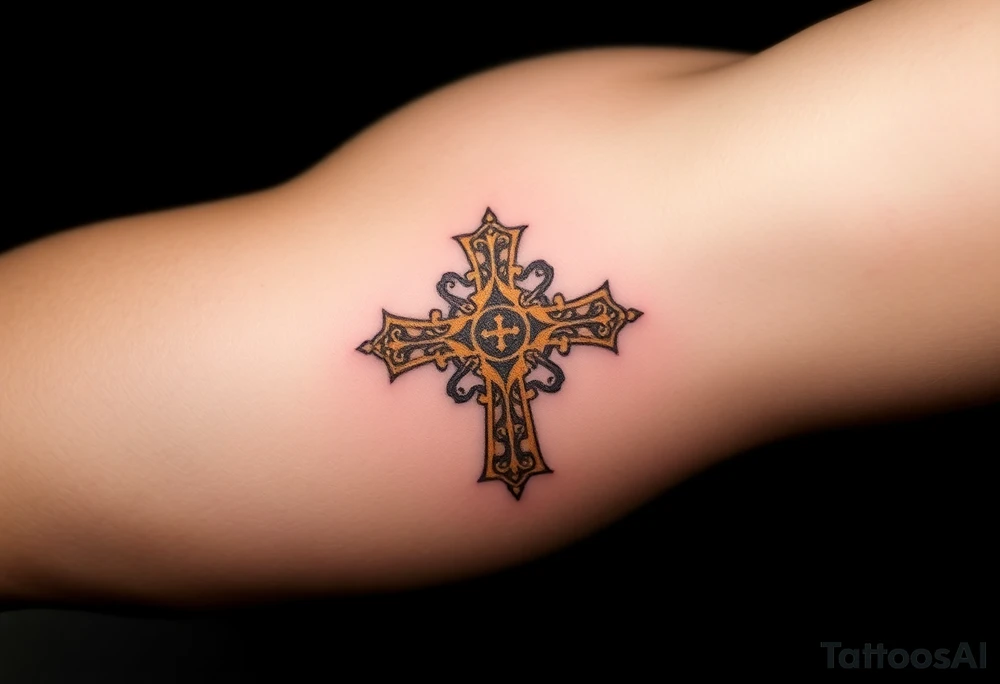 A golden Templar cross with filigree patterns, glowing against tattoo idea