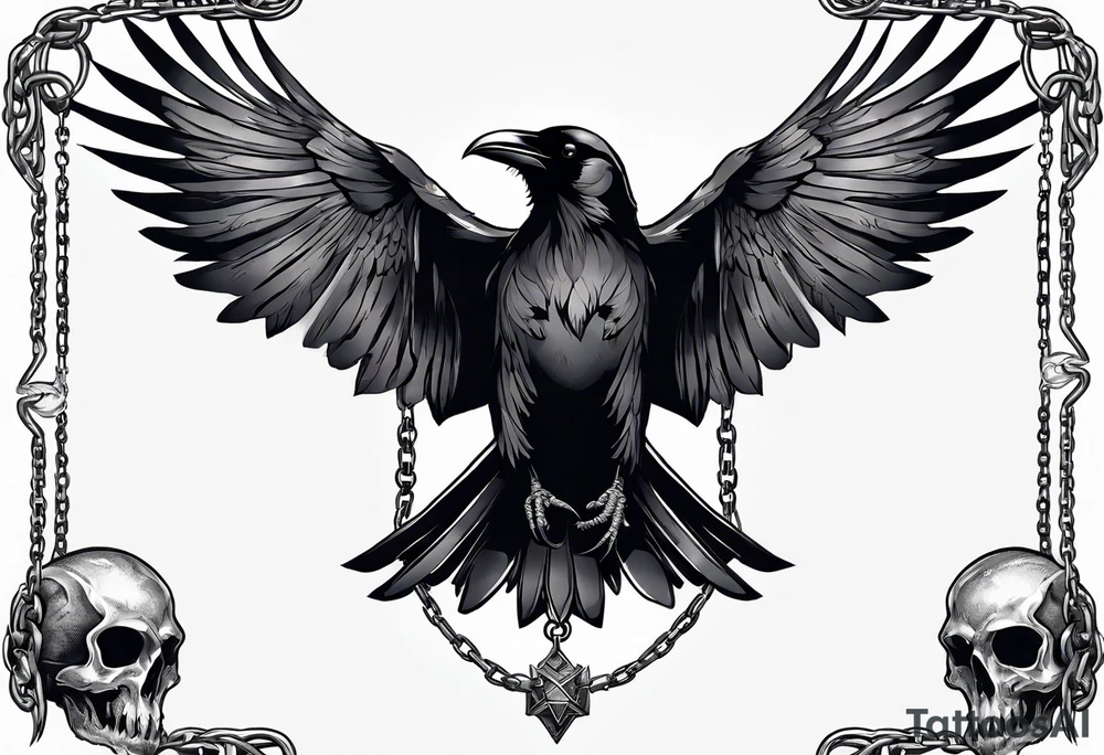 A raven with two skulls hanging from its talons by an old chain tattoo idea