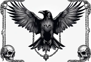 A raven with two skulls hanging from its talons by an old chain tattoo idea