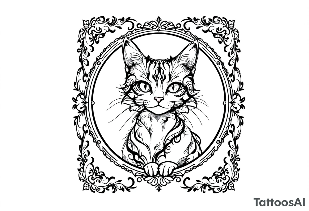 Neo traditional cat in an ornate frame tattoo idea