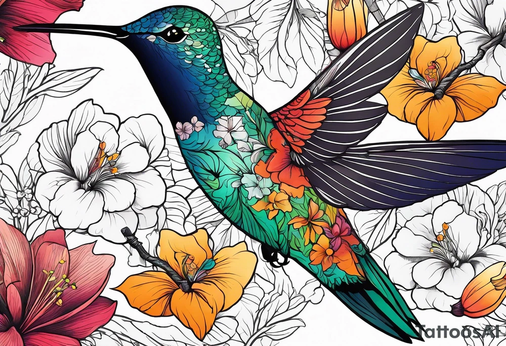 botanical, flowers, colorful, different, hummingbird tattoo idea