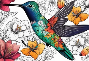 botanical, flowers, colorful, different, hummingbird tattoo idea