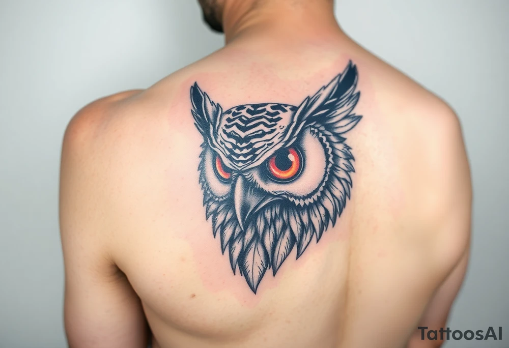 Biomechanics  large colored tripping eye owl head on the forearm tattoo idea