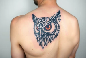 Biomechanics  large colored tripping eye owl head on the forearm tattoo idea