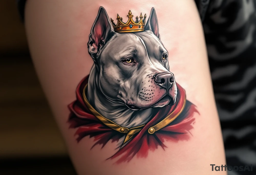 Crowned pitbull with royal cape, silver-gray fur, deep red velvet cape with gold trim, a golden crown set slightly crooked for a touch of character. tattoo idea