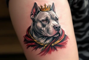 Crowned pitbull with royal cape, silver-gray fur, deep red velvet cape with gold trim, a golden crown set slightly crooked for a touch of character. tattoo idea