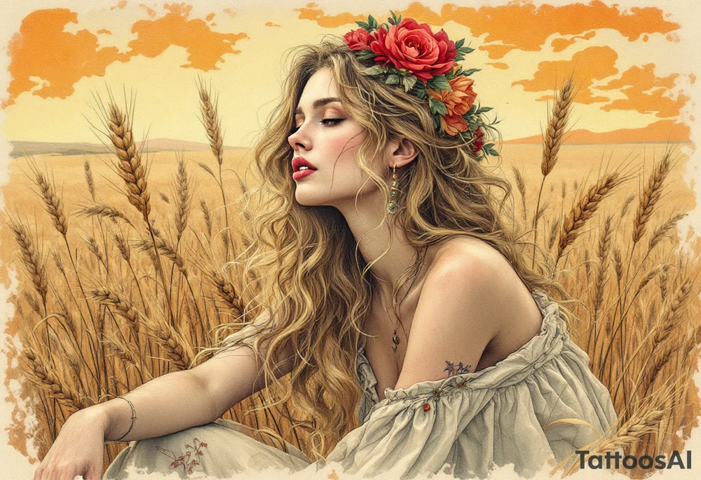Alfons Mucha’s earthy maiden with honey-blonde waves, captured amid golden wheat and pale terracotta skies. tattoo idea
