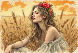 Alfons Mucha’s earthy maiden with honey-blonde waves, captured amid golden wheat and pale terracotta skies. tattoo idea