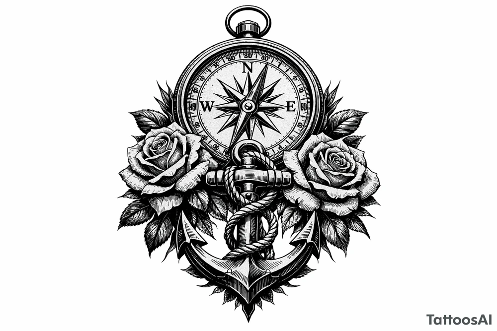 a compass under it an anchor and roses. tattoo idea