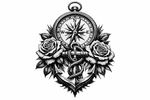 a compass under it an anchor and roses. tattoo idea