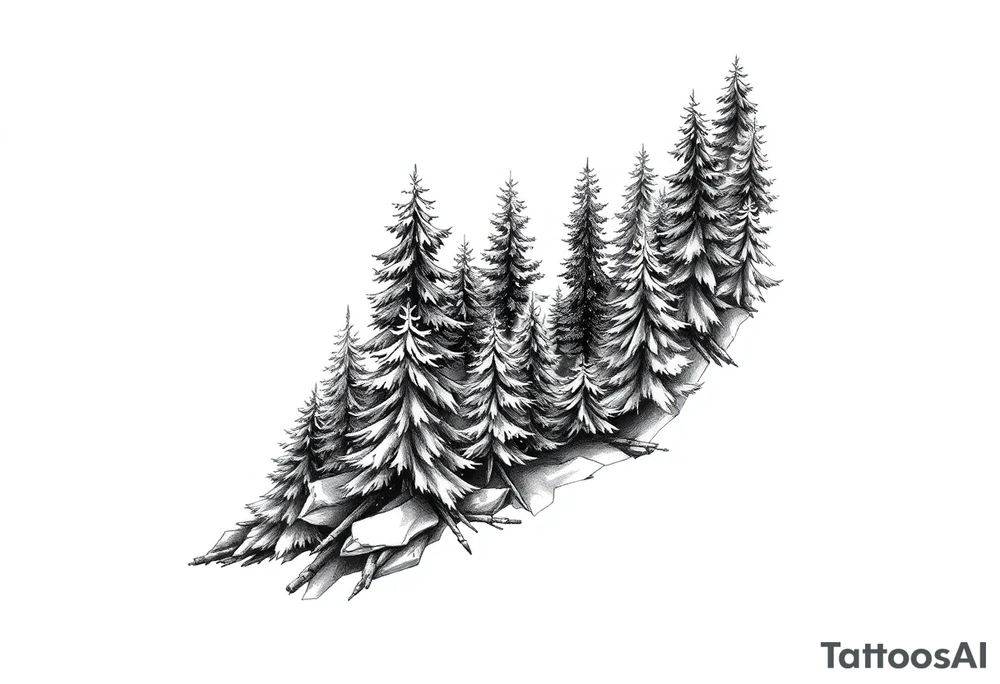 Coniferous forest forearm tattoo sleeve black and grey tattoo idea