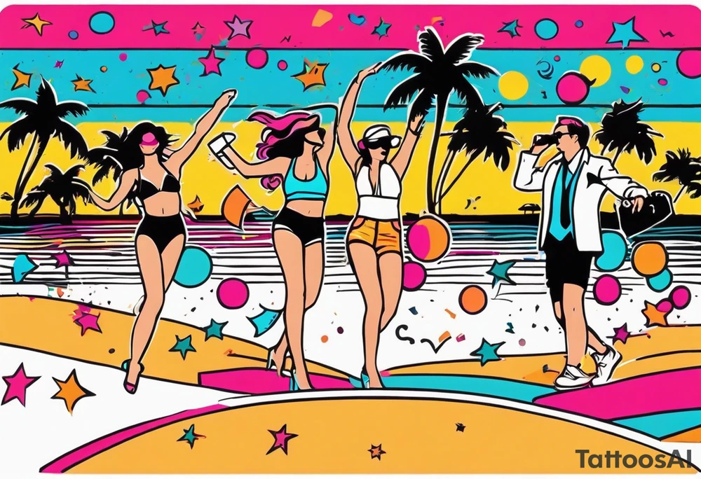 1980's miami vice style beach dance 
party, include confetti, music notes, boom box, bikinis sunset in the center tattoo idea