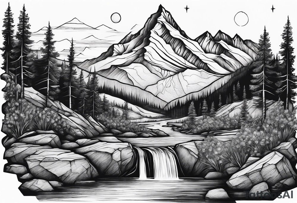 mountains, nature, stars, cross, waterfall, water tattoo idea