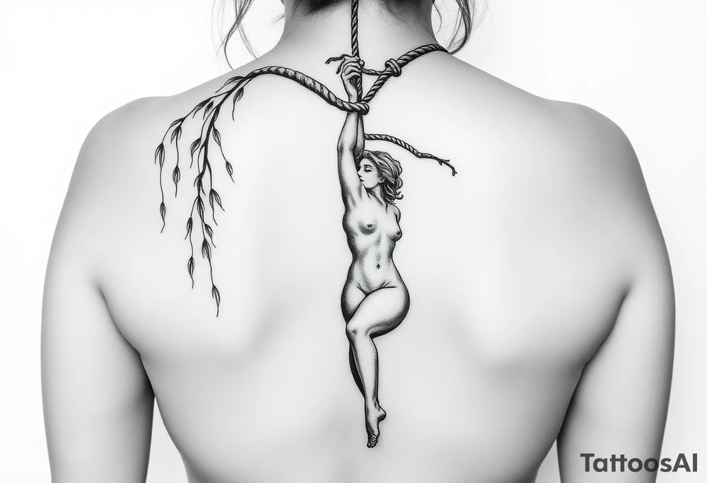 naked plus sized sexy woman hanging with a rope around her neck dying from aweeping willow tree tattoo idea